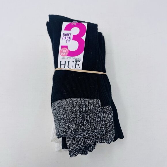 Hue Womens One Size Fits Most Scalloped Turncuff Sock 3 Pairs Black/White 2531 - Picture 2 of 5
